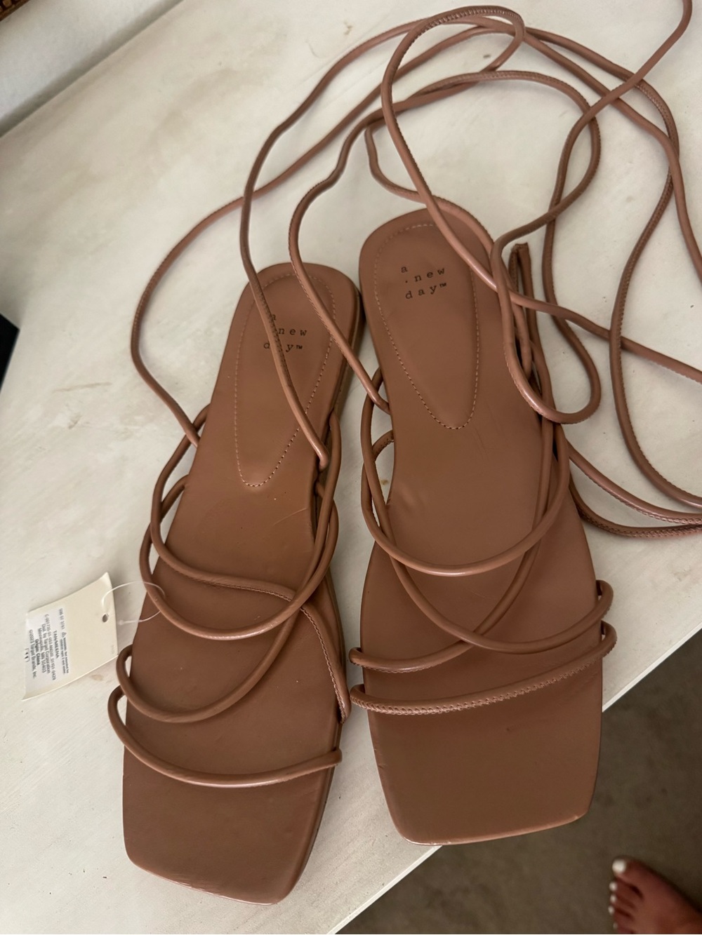 a new day Tan Strappy Square-Toe Lace-Up Sandals